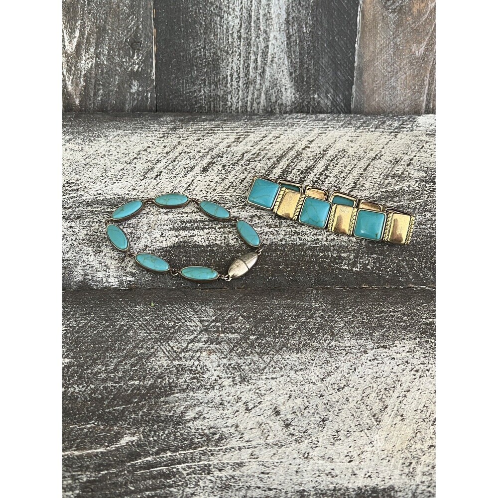 Vintage Monet Turquoise Bracelets- Stone Sleek Stretch Silver